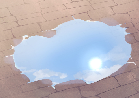 水たまり_レンガ道 水たまり,雨上がり,水鏡,鏡面,映り込み,空,青空,雲,爽やか,太陽のイラスト素材