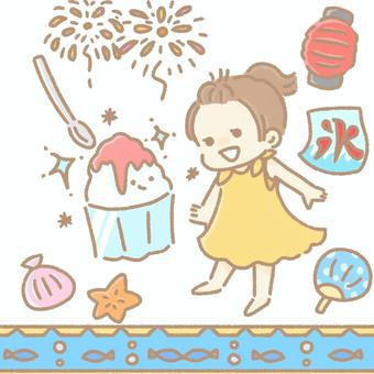 夏の楽しみ 女の子,祭り,海,魚,かき氷,ヒトデ,貝,花火,提灯,夏休みのイラスト素材