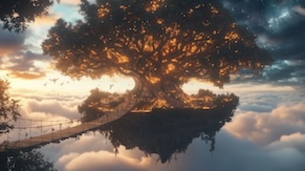 雲上に浮かぶ大樹と吊橋