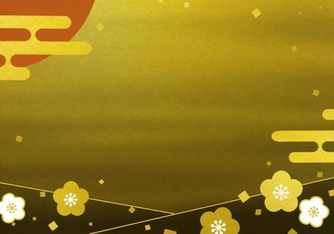 美しい金地の和風フレーム 梅,白梅,太陽,日,金箔,金,和,和風,日本,フレームのイラスト素材