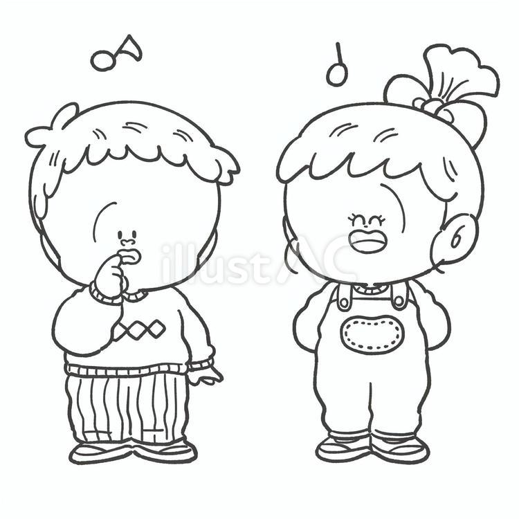 合唱する子どもたちの白黒手描きイラスト3 合唱コンクール,モノクロ,合唱のイラスト素材