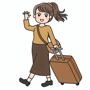 旅行カバンをひく女の子の全身イラスト キャリーバッグ,帰省,スーツケース,キャリーケース,トランク,荷物,旅行かばん,運搬,移動,歩行のイラスト素材