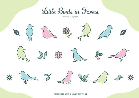 おしゃれな小鳥と森のイラストセット 小鳥,鳥,葉,森,自然,木の実,花,実,葉っぱ,シルエットのイラスト素材
