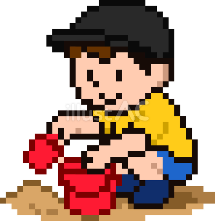 ドット絵の砂場で遊ぶ黒帽子の子供です。 ドット絵,砂場,シンプルのイラスト素材