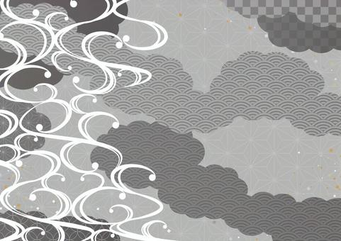 モノトーンと和風の渦と雲の背景素材 和風,和柄,雲,渦,曲線,背景のイラスト素材