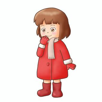 ほほえむ女の子（冬の日常ポーズ） 女の子,冬,冬服,コート,マフラー,笑顔,かわいい,ほのぼの,日常,イラストのイラスト素材