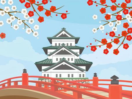 天守閣と梅の花の風景 天守閣,橋,梅の花,冬,風景,日本,和,イラスト,城,年賀状のイラスト素材