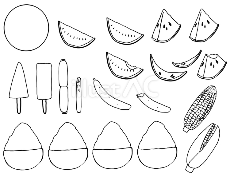 夏の食べ物セット（塗り絵） 夏,食べ物,塗り絵のイラスト素材
