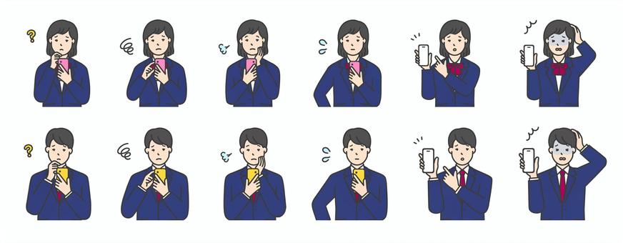 スマホを持つ女子学生と男子学生のイラスト 女子高生,男子高生,高校生,中学生,学生,スマートフォン,制服,ブレザー,学校,悩むのイラスト素材