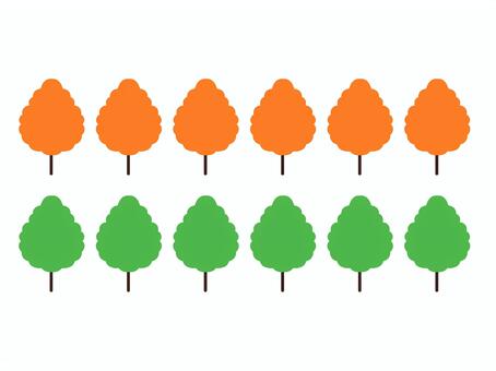一列に並んでいる木のイラストセット 緑,木,植物,秋,紅葉,並木,オレンジ,1列,落ち葉,葉っぱのイラスト素材