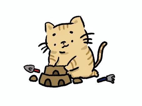 Illustration, playing sand, cat, scoop, 