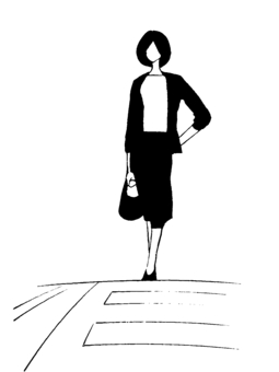 横断歩道を歩く女性 女性,シンプル,白黒,デジタル,線画,全身,手描き,筆絵,デフォルメのイラスト素材