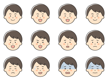 男性のいろいろな表情アイコン01 男性,男,笑顔,嬉しい,楽しい,喜び,楽しみ,ワクワク,困る,不安のイラスト素材