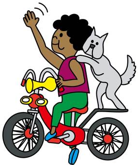 女の子のサイクリング 女性,自転車,手を振る,挨拶,犬,ラッパのイラスト素材
