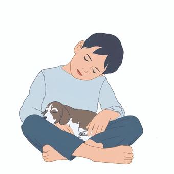 うたた寝している男の子と犬1 人,子供,カラー,男の子,犬,うたた寝のイラスト素材
