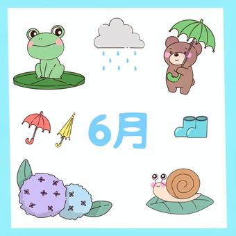 6月 6月,学校プリント用,カエル,くま,かたつむり,傘,あじさい,長靴,カレンダー,カレンダー用のイラスト素材