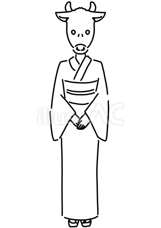 着物を着た牛女の直立正面全身　線画 着物,牛女,全身のイラスト素材