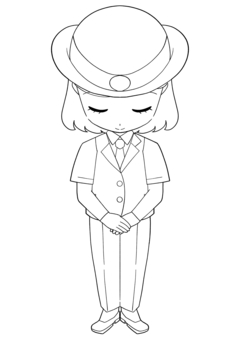 お辞儀をする女性駅員の白黒イラスト お辞儀,謝罪,お詫び,女子,女性,駅員,車掌,運転士,駅係員,かわいいのイラスト素材