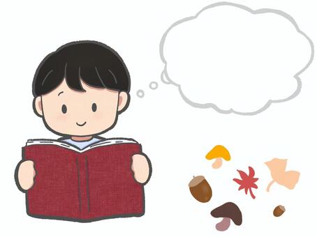 読書の秋　男の子アイコン　吹き出し　赤色 読書,秋,吹き出し,紅葉,どんぐり,考える,季節もの,本,男の子,子どものイラスト素材
