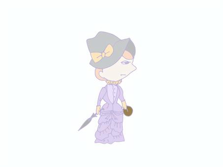 バッスルスタイルなドレスを着た女性 女の子,人,19世紀,ドレス,傘,リボン,ヨーロッパ,紫,帽子のイラスト素材