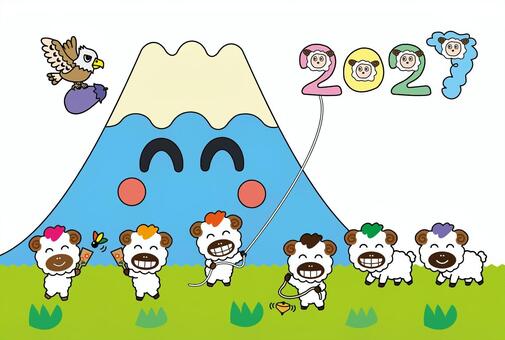 2027年未年 羊のお正月遊びと富士山 2027年,未年,羊,ひつじ,干支,正月,お正月,新年,年賀状,正月遊びのイラスト素材