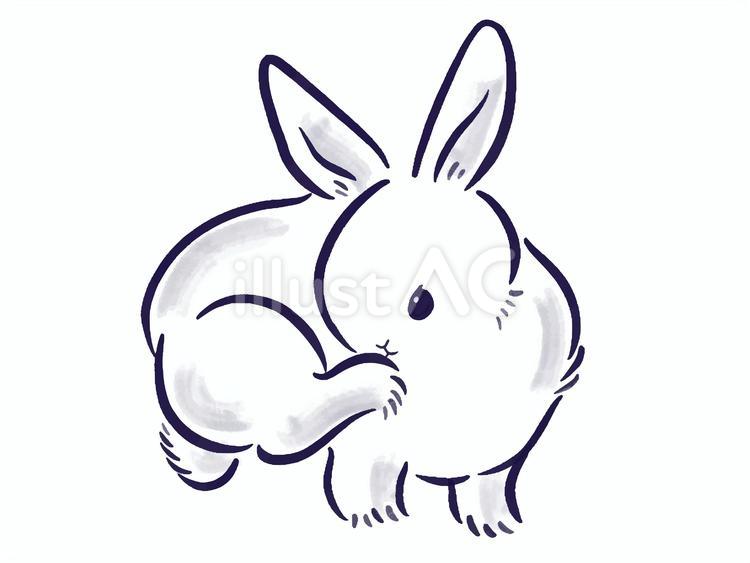 年賀状に使える毛繕いする筆タッチのウサギ うさぎ,筆,年賀状のイラスト素材