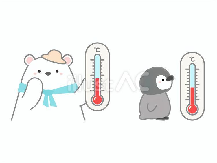 熱中症対策 温度計と白熊とペンギン 熱中症対策,熱中症,熱中症予防のイラスト素材
