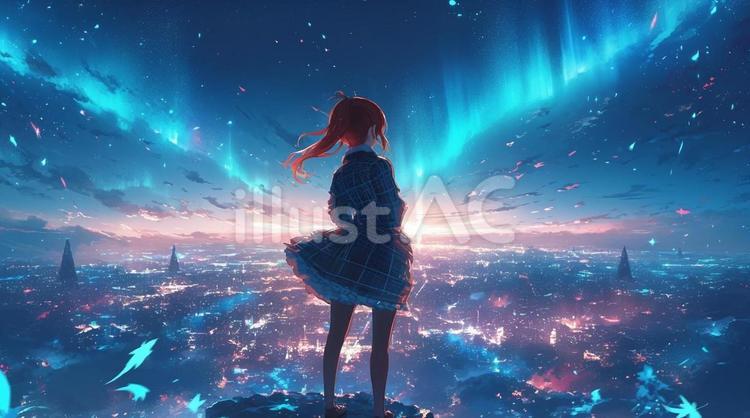 オーロラと街３ オーロラ,夜,夜空のイラスト素材