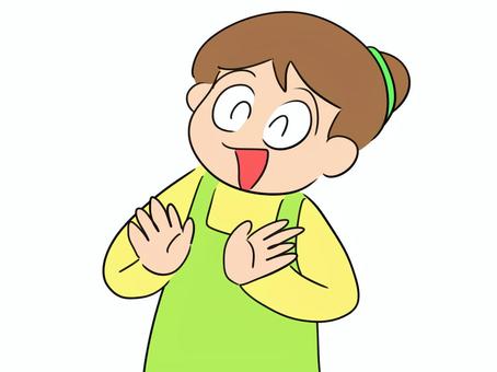手を叩く幼稚園の先生のイラスト 拍手,先生,幼稚園,笑顔,エプロン,女性,人物,上半身,イラスト,シンプルのイラスト素材