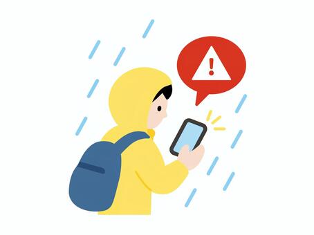 大雨警報をスマホで確認する人のイラスト スマホ,警報,緊急速報,大雨,防災,災害,通知,確認,情報収集,危険のイラスト素材