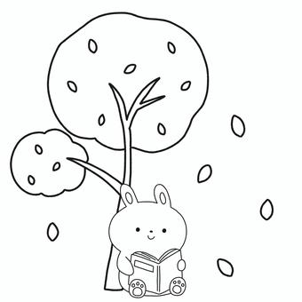 木の下で本を読むうさぎ 木の下で本を読むうさぎ うさぎ,本,読む,木,読書,秋,動物,モノトーン,塗り絵,可愛いのイラスト素材