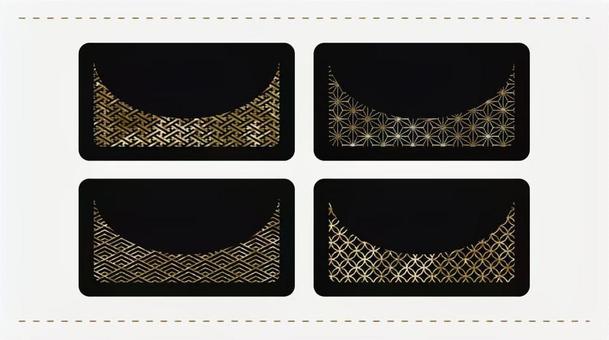 和柄とゴールドの半円黒カードセット カード,バナー,デザイン,エレメント,和柄,紗綾形,麻の葉,青海波,七宝,黒のイラスト素材