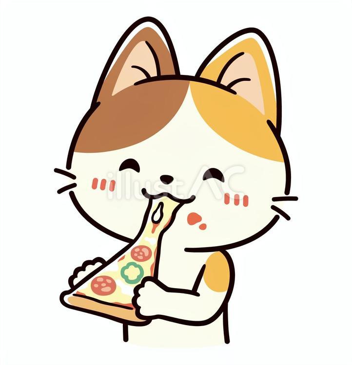 焼き立てのピザを食べている可愛い三毛猫 ピザ,焼き立て,食事のイラスト素材
