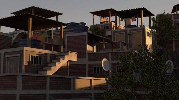 洗濯物と夕日 建物,街,路地,屋根,階段,斜面,窓,壁,空,木のイラスト素材