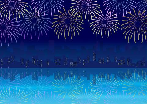 花火と夜景04 花火,花火大会,夏,背景,夏祭り,祭り,街並み,夜景,縁日,打上花火のイラスト素材