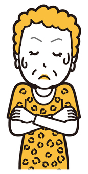  大阪のおばちゃん(黄)-031-バスト うーん,おばちゃん,大阪,ヒョウ柄,おばはん,中年,女性,関西,派手,おばさんのイラスト素材