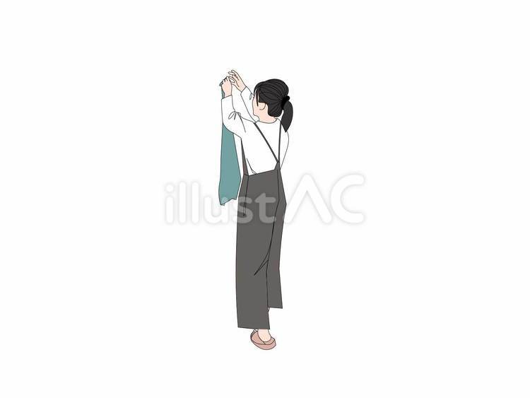 家事　洗濯物のタオルを干す女性　⑬ 洗濯,干し,女性のイラスト素材