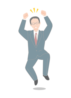 うきうきジャンプするスーツのメガネの男性 笑顔,人,1人,人物,全身,ジャンプ,喜ぶ,スーツ,会社員,従業員のイラスト素材