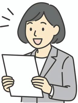 書類を見て笑顔になるビジネスウーマン 人物,女性,書類,笑顔,会社員,ビジネス,ポジティブ,人,フラット,線画タッチのイラスト素材
