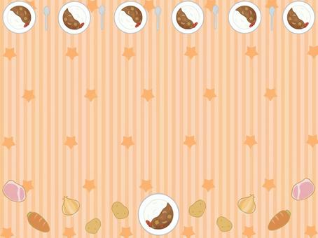カレーライス（オレンジ）フレーム カレー,カレーライス,食事,ごはん,ジャガイモ,ニンジン,玉ねぎ,スプーン,野菜,肉のイラスト素材