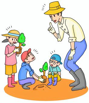みんなで苗木を植えよう 植林,苗,大人,子供,複数人,苗木,男性,男の子,女の子,野外のイラスト素材