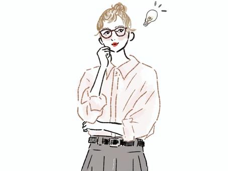 考えてひらめくメガネのシャツ女性　電球 女性,考える,アイデア,ひらめく,思いつく,めがね,シャツ,電球,アイディア,頬杖のイラスト素材