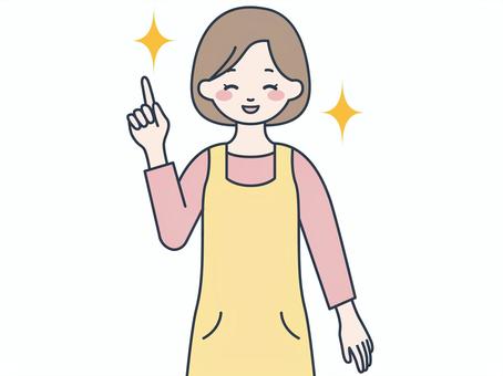 A woman wearing an apron explaining with a smile, female, apron, description, JPG, PNG and AI