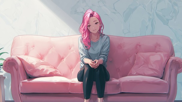 ソファに座るピンク髪の女性