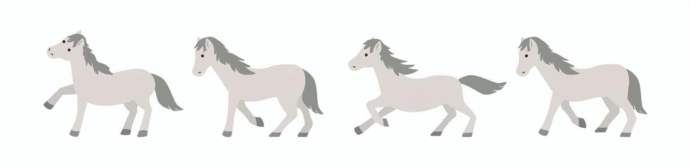 干支の午・4頭セット_年賀素材3 馬,動物,生物,競馬,たてがみ,サラブレッド,全身,ポーズ,横向き,灰色のイラスト素材