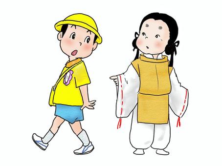 わらわも、あの服がほしい 人物,こども,男の子,平安時代,着物,みづら髪,現代,幼稚園児,園服,帽子のイラスト素材