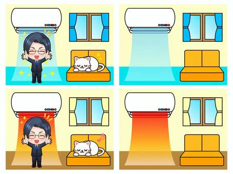 エアコンと部屋と男性のイラスト素材セット エアコン,クーラー,冷房,暖房,男性,人物,ちびキャラ,笑顔,空調,ひんやりのイラスト素材