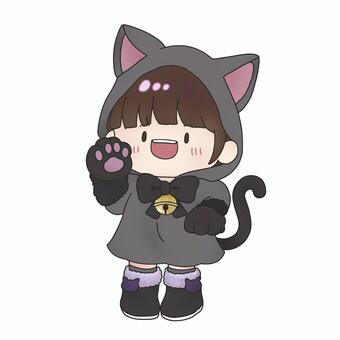 黒猫のコスプレをした女の子① 黒猫,リボン,鈴,肉球,猫耳,ハロウィン,秋,コスプレ,おばけ,女の子のイラスト素材