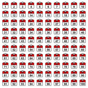 カレンダー型のDAY1〜100の数字素材 数字,日付,カレンダー,day,番号,100,ナンバリング,連番,１０,２０のイラスト素材