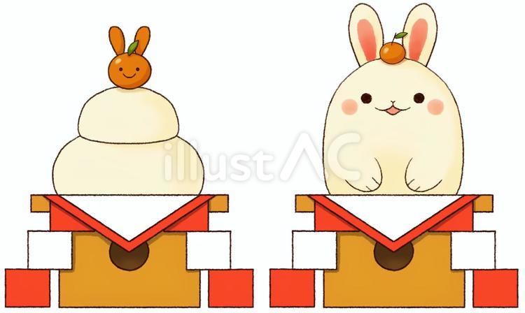 年賀状・正月素材　うさぎ　鏡餅2 鏡餅,かがみもち,うさぎのイラスト素材